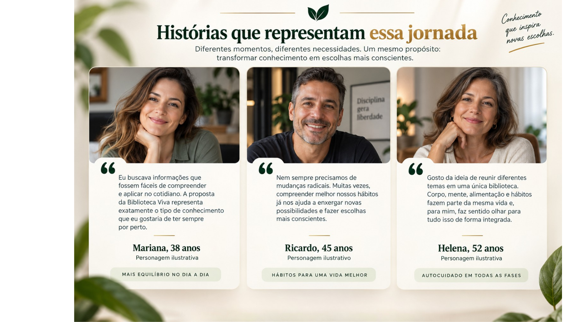 Histórias que representam essa jornada. Mariana, 38 anos; Ricardo, 45 anos; e Helena, 52 anos compartilham reflexões ilustrativas sobre conhecimento, hábitos e autocuidado. Personagens e relatos ilustrativos, criados para representar diferentes perfis e experiências com os temas abordados pela Biblioteca Viva.